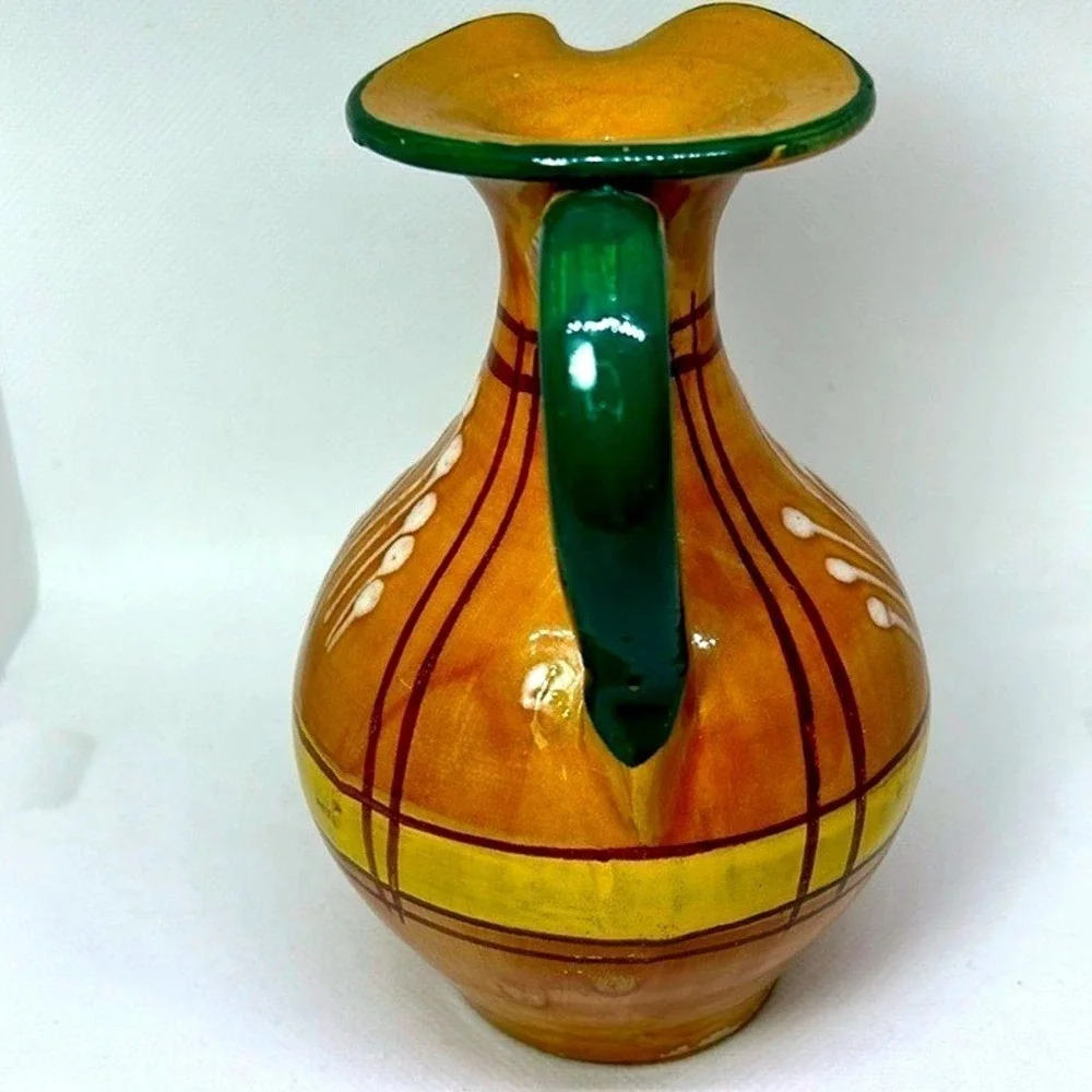 Hand Painted Ceramic‎ Pitcher Vase Rustic Farmhouse Decor Small Jug Tan 5.5